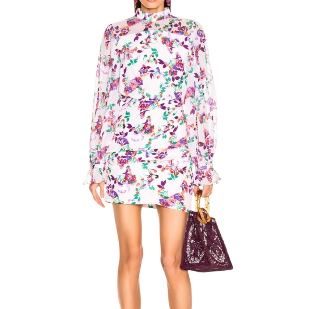 Saloni Rina Dress Paradise Silk Mini Dress Long Balloon Sleeves Purple Orange 6